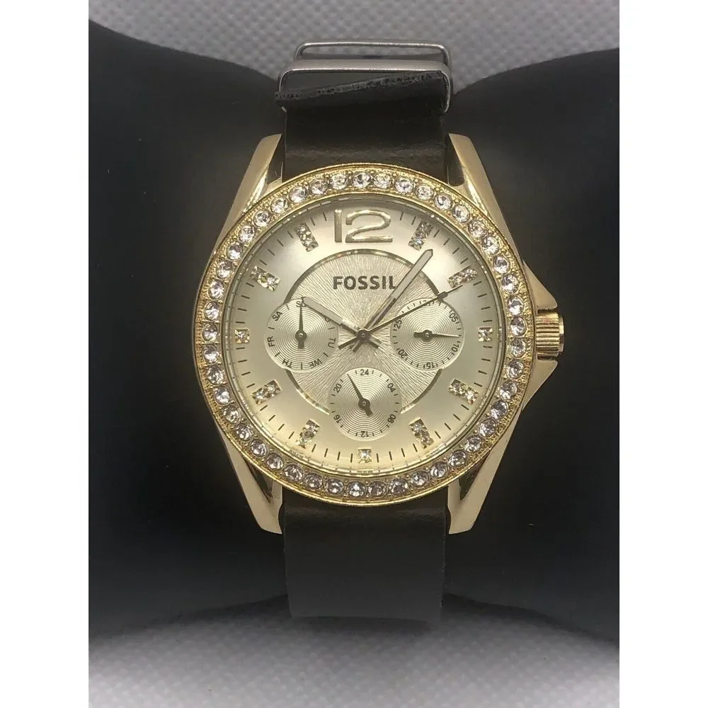 Fossil ES3343 Women's Black Leather Analog Champagne Dial Quartz Watch LP223